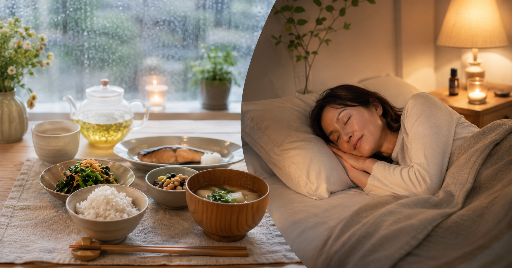 梅雨どきにおすすめの和食朝食と、ぐっすり眠る女性